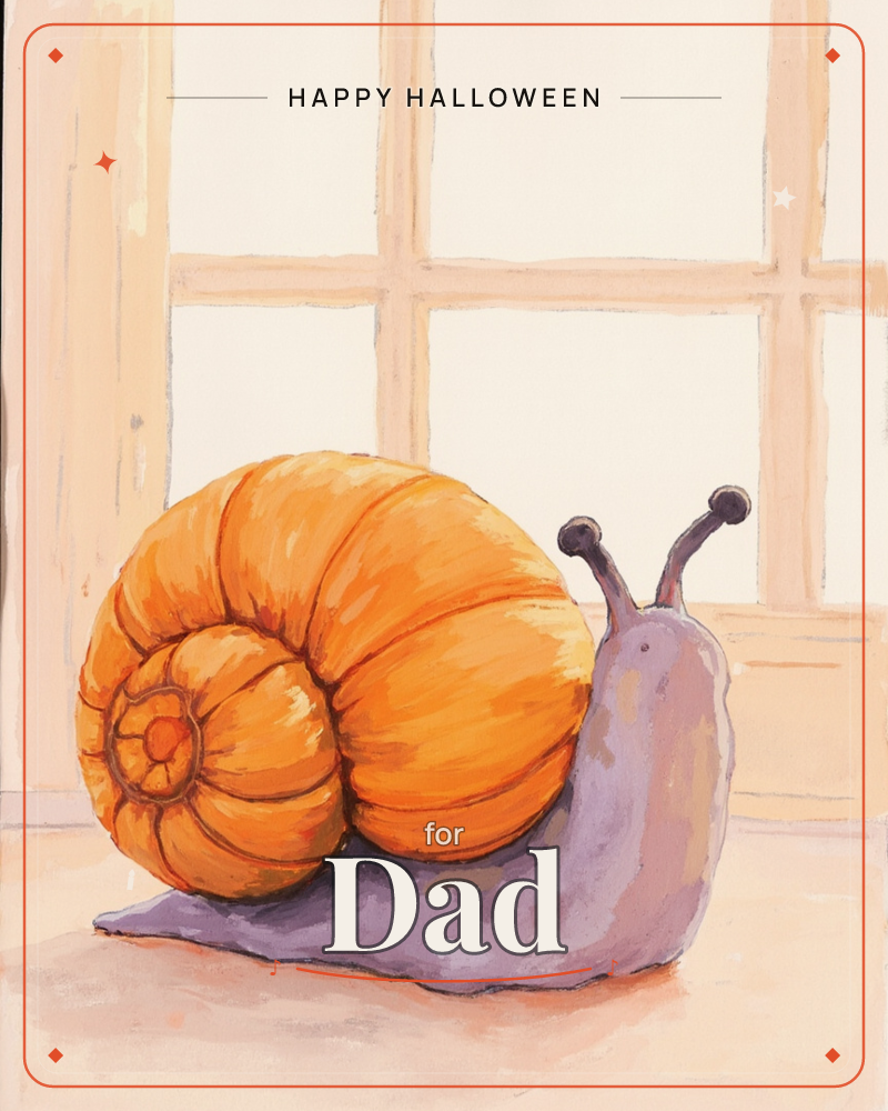 A single snail with a glossy orange spiral shell and a lilac-grey body sits on a warm windowsill, its two eyestalks raised toward soft daylight…, a halloween e-card design