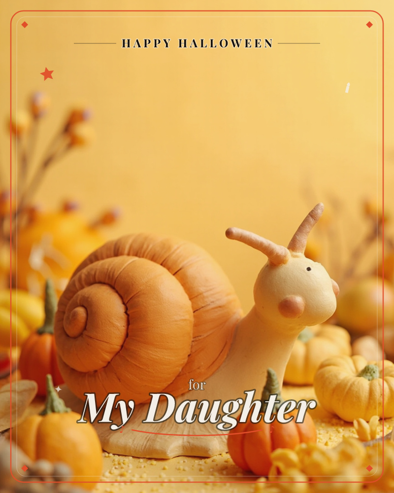 A cheerful clay-sculpted snail with rosy cheeks and a spiralled amber shell sits among tiny orange and yellow pumpkins on a warm gold backdrop, a halloween e-card design