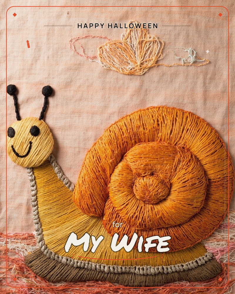 A cheerful snail with a smiling yellow face and coiled orange shell is rendered entirely in stitched thread on a soft peach fabric background, with a…, a halloween e-card design
