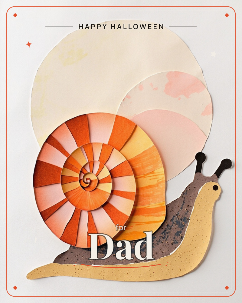 A cheerful paper-cut snail sits against layered cream and pale pink circles, its shell built from a spiralling wheel of orange and gold segments, a halloween e-card design