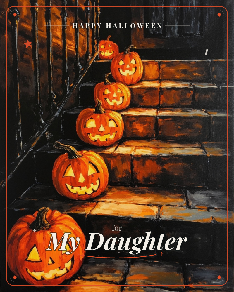 A row of grinning jack-o'-lanterns climbs a worn stone staircase toward a shadowy doorway, each pumpkin glowing from within against the dark iron…, a halloween e-card design