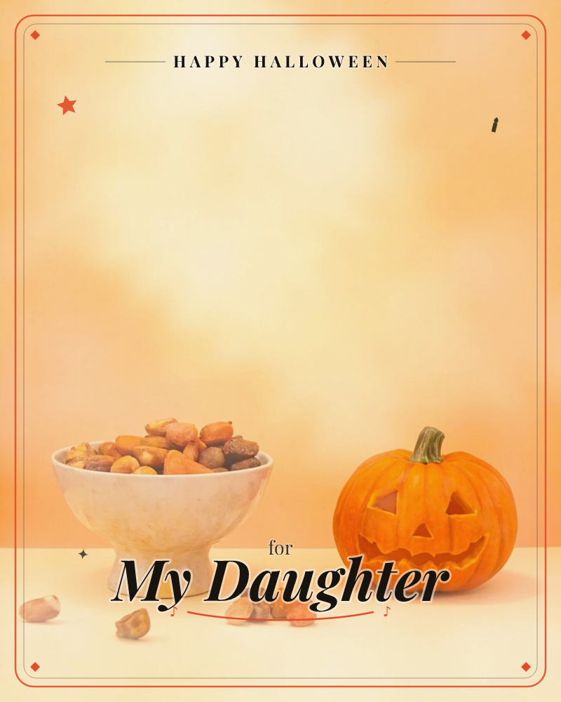 A carved jack-o'-lantern with a toothy grin sits beside a pale ceramic bowl heaped with candy corn, a few pieces scattered loose on the tabletop, a halloween e-card design