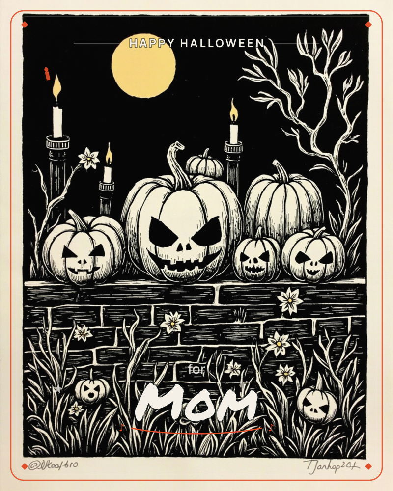 A cluster of carved jack-o'-lanterns grins along a stone wall beneath a flat gold moon, flanked by bare twisting trees and flickering candles, a halloween e-card design