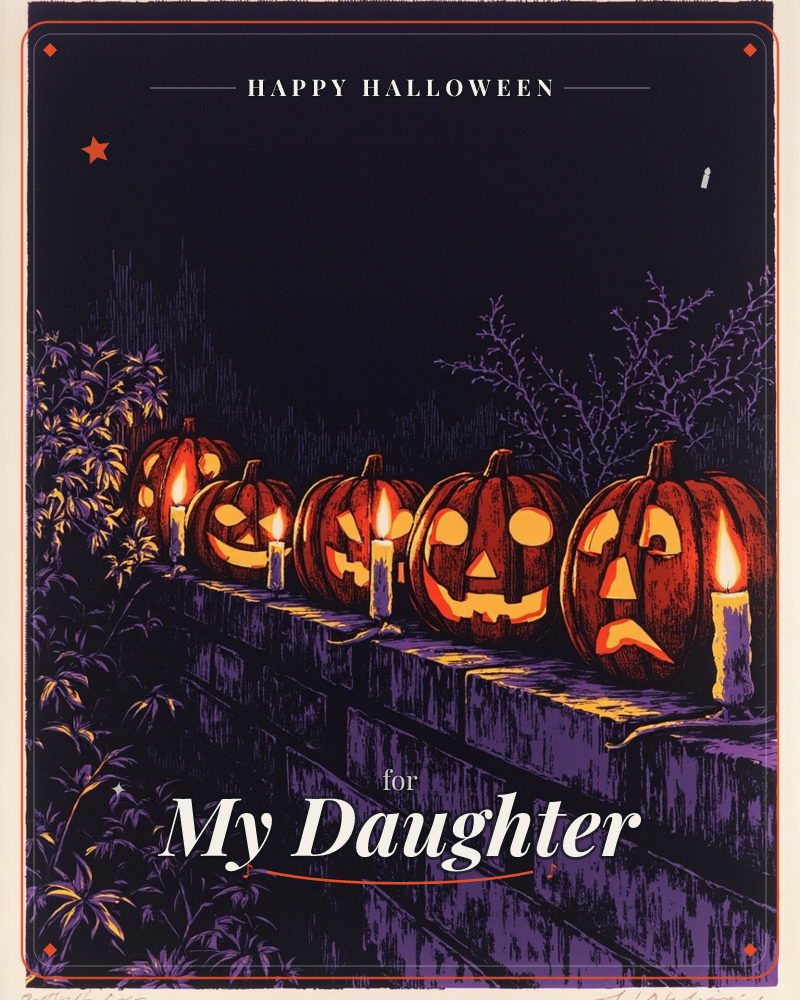 A row of glowing jack-o'-lanterns lines a stone wall at night, each carved with a different grinning or grimacing face and flanked by small lit candles, a halloween e-card design