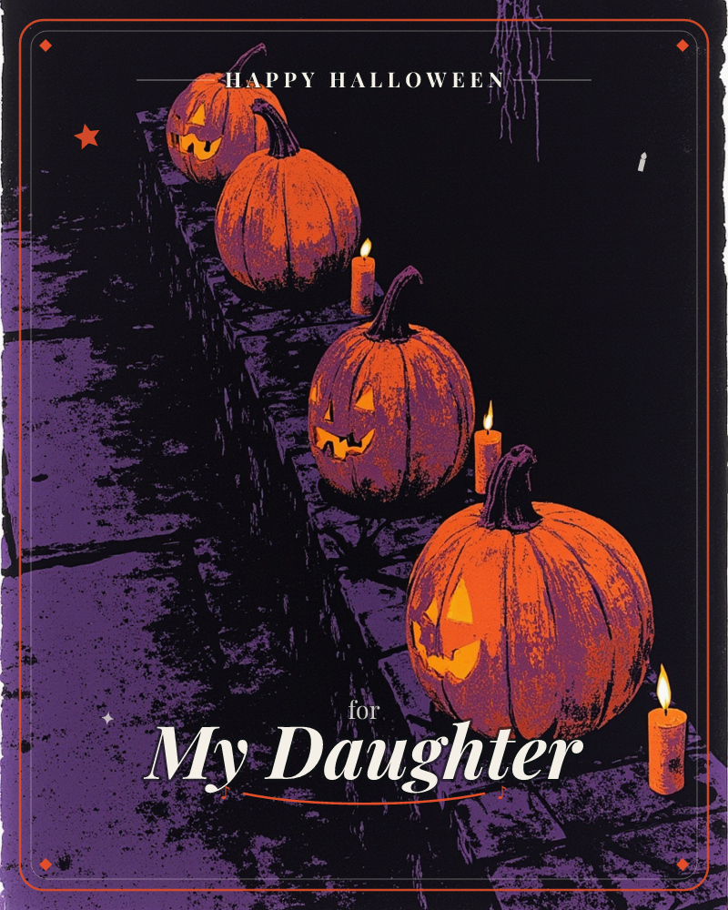 A row of glowing jack-o'-lanterns lines a stone wall that recedes into darkness, each carved face lit from within and flanked by a small burning candle, a halloween e-card design