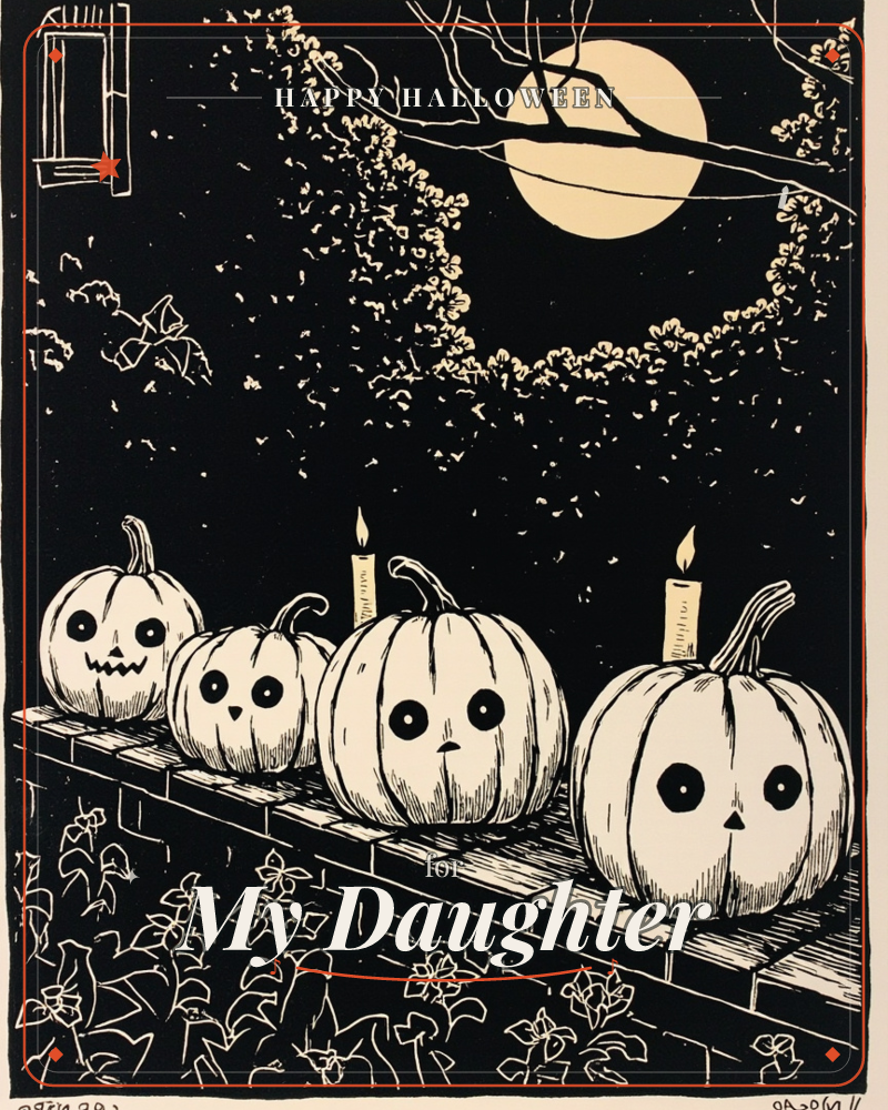 Four wide-eyed carved pumpkins sit in a row along a brick wall under a full moon, two of them holding lit candles like torches, a halloween e-card design