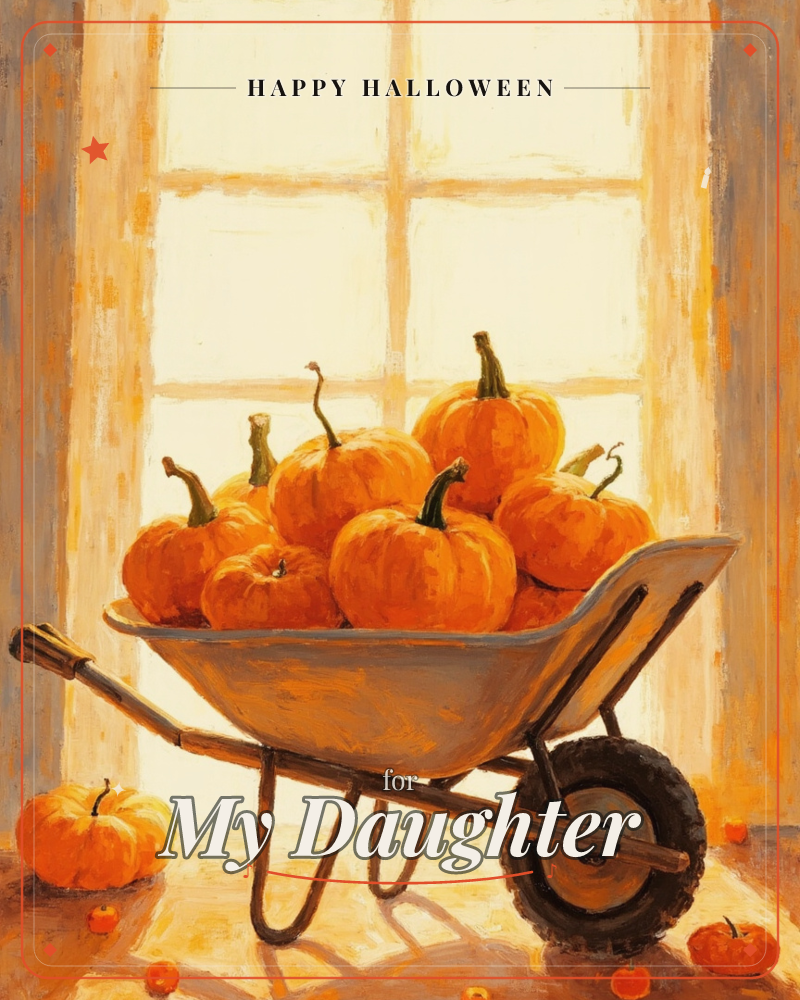 A wheelbarrow piled high with small orange pumpkins sits indoors before a large sunlit windowpane, a few stray pumpkins scattered on the floor around…, a halloween e-card design