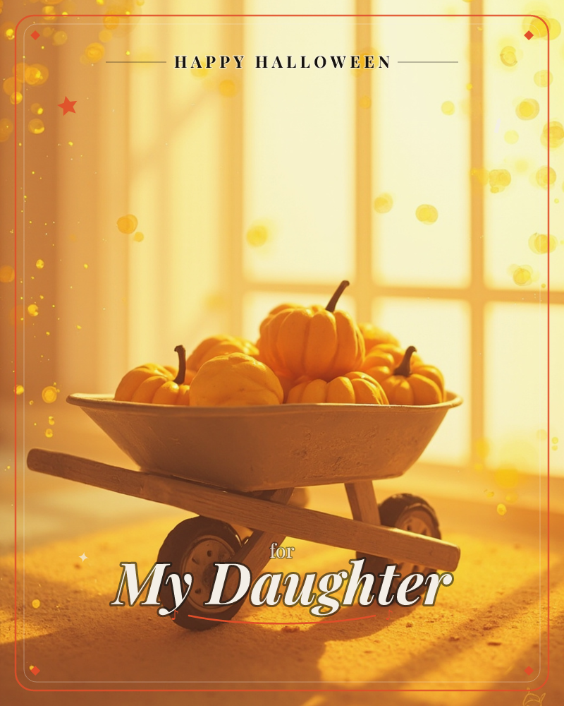 A small wheelbarrow is piled high with miniature pumpkins, glowing golden in front of a sunlit windowpane, a halloween e-card design