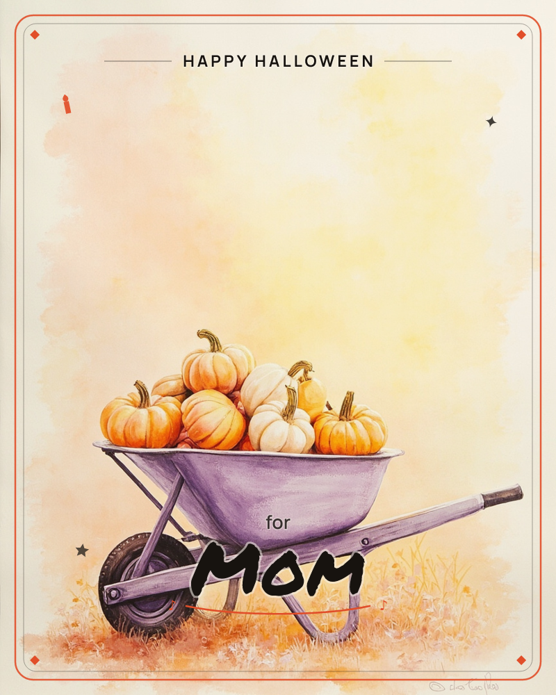A weathered lavender-grey wheelbarrow sits piled high with small orange and cream pumpkins, their curled brown stems poking up in every direction, a halloween e-card design