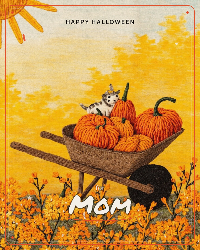 A wooden wheelbarrow overflows with plump orange pumpkins, embroidered in thick knotted yarn-like stitches, with a small cat perched among them wearing…, a halloween e-card design