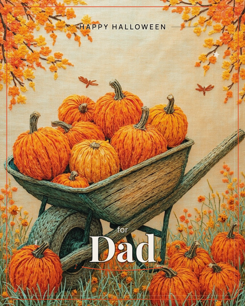 An embroidered wooden wheelbarrow overflows with plump orange pumpkins, its stitched wicker texture and rope-wrapped wheel rendered in fine thread detail, a halloween e-card design