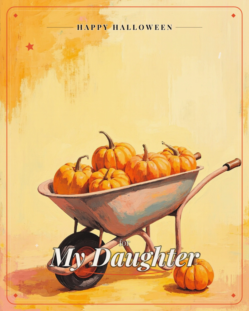 A metal wheelbarrow sits piled high with plump orange pumpkins against a warm, streaky yellow background, a halloween e-card design