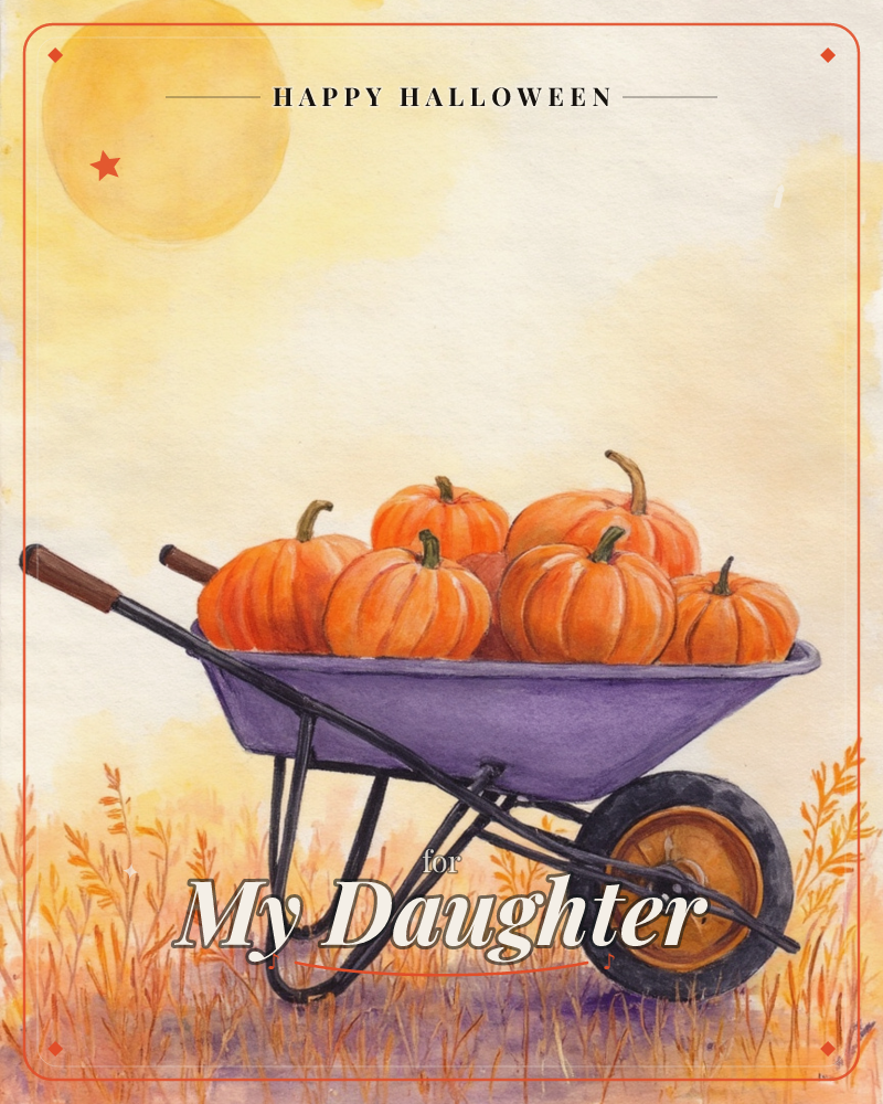 A watercolour wheelbarrow, painted in dusty violet-blue, sits piled high with plump orange pumpkins in a golden field, a halloween e-card design