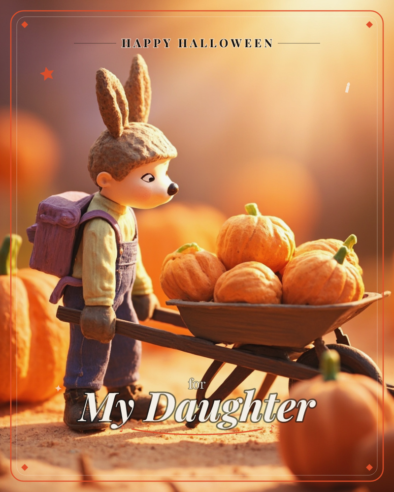 A small rabbit-eared character in overalls and a purple backpack pushes a wooden wheelbarrow piled high with pumpkins across a sandy patch, a halloween e-card design