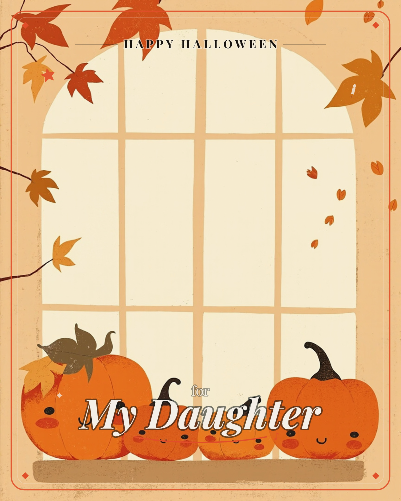 Four smiling pumpkins of different sizes line up on a windowsill in front of a tall arched window, its panes glowing pale yellow like late-afternoon light, a halloween e-card design