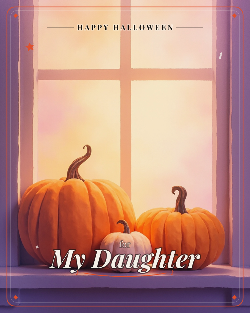 Three pumpkins - two orange and one small white one - sit together on a windowsill, backlit by a warm glowing sunset filtering through a paned window, a halloween e-card design