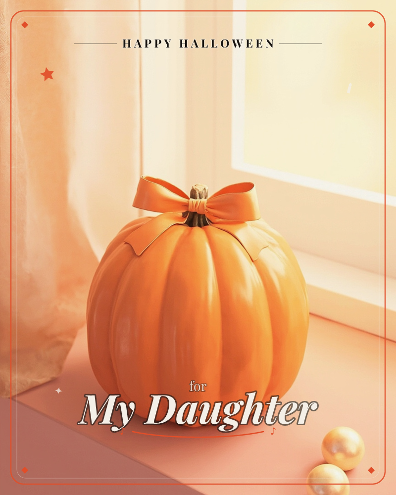 A glossy orange pumpkin sits on a warm peach windowsill, its stem wrapped with a satin bow in matching orange, a halloween e-card design