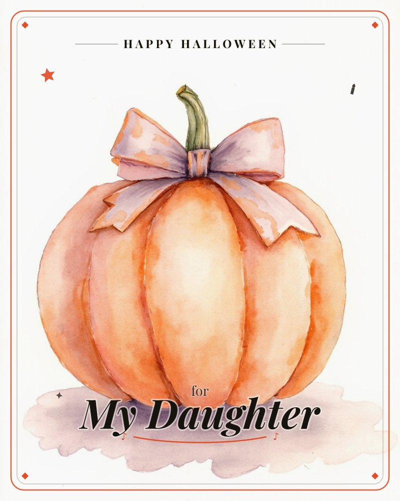 A plump orange pumpkin sits alone on a plain white background, its curved ridges glowing softly with watercolour washes, a halloween e-card design