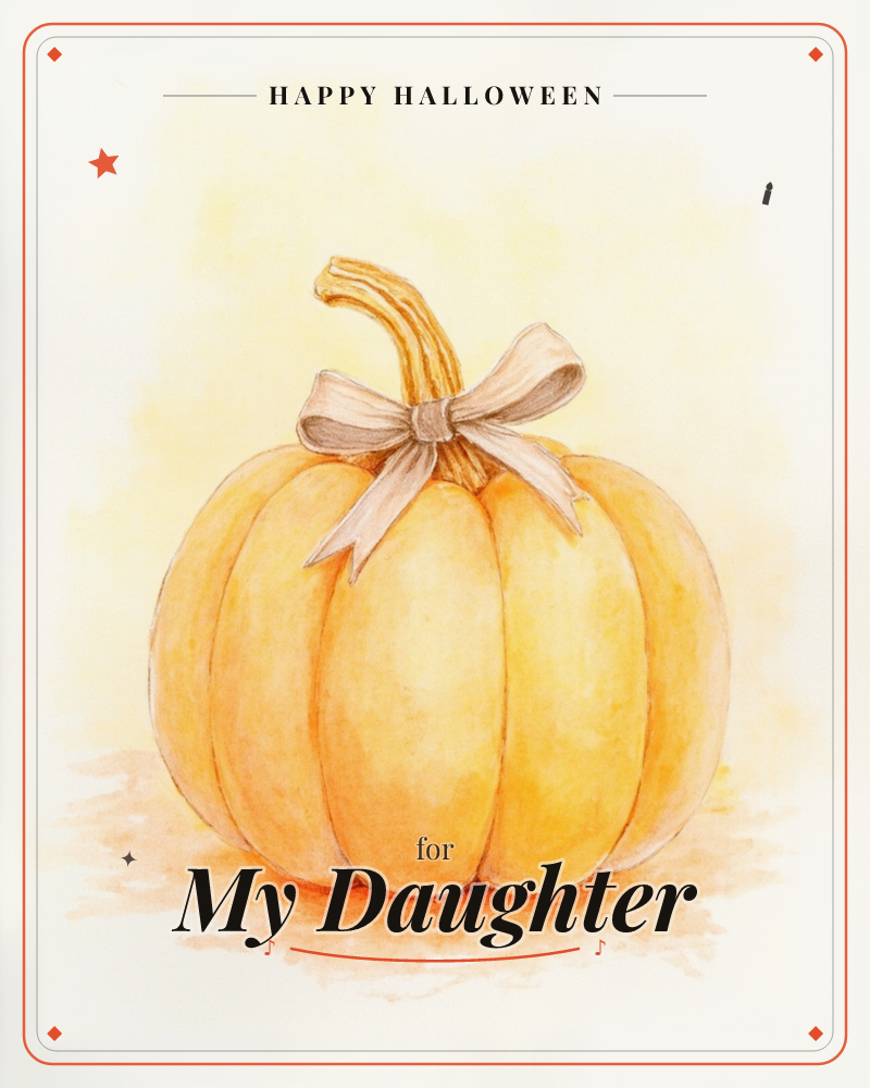 A single round pumpkin sits centre stage with a small cream bow tied at the base of its curling stem, painted in soft washes of orange and gold that…, a halloween e-card design