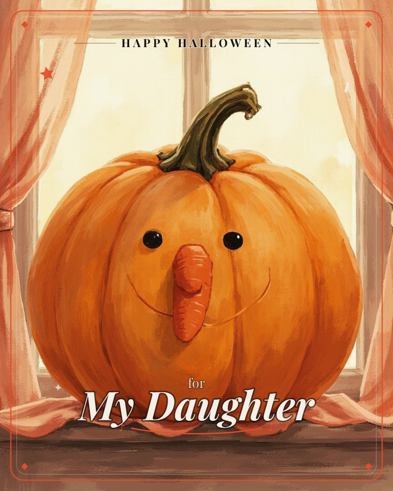 A plump orange pumpkin with a curling brown stem sits on a windowsill, given a cheerful face with button eyes and a carrot nose tucked into a carved smile, a halloween e-card design