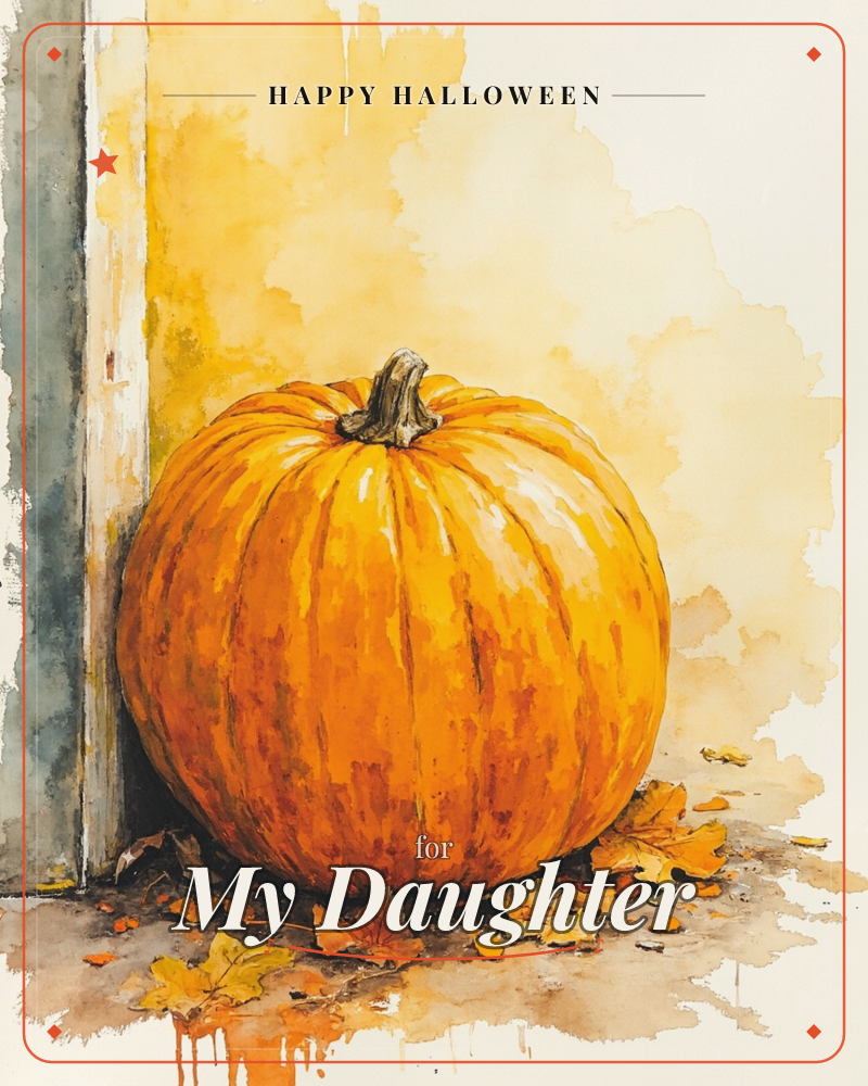 A single round pumpkin sits propped against a weathered blue-grey doorframe, its ridged orange skin glowing under a wash of golden yellow light, a halloween e-card design