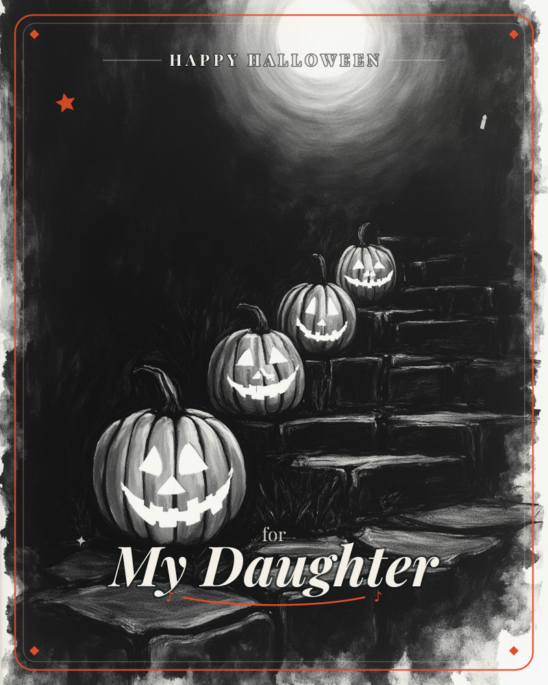 Four glowing jack-o'-lanterns line a crumbling stone staircase beneath a bright full moon, their carved grins lit from within against deep charcoal…, a halloween e-card design