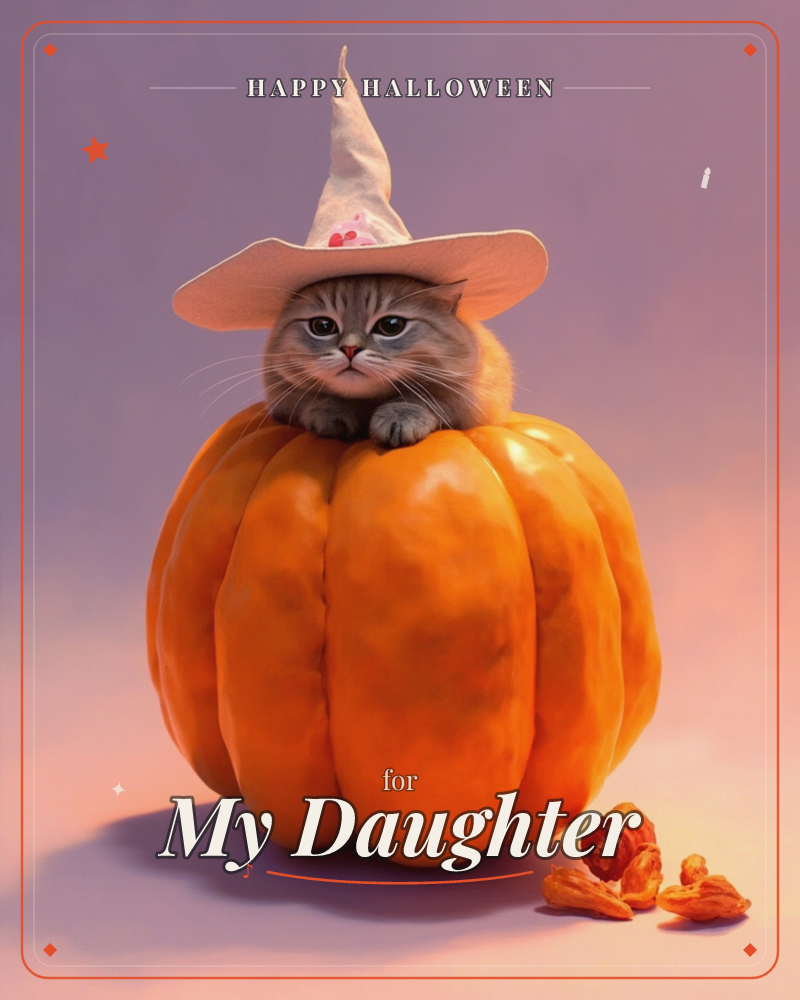 A grey kitten in a soft cream witch hat peers out from inside a huge carved-open pumpkin, its front paws resting on the rim, a halloween e-card design