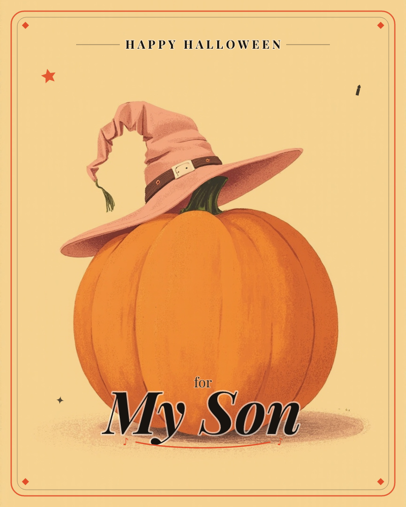 A round orange pumpkin sits alone against a warm mustard background, wearing a floppy pink witch's hat with a buckled brown band, a halloween e-card design