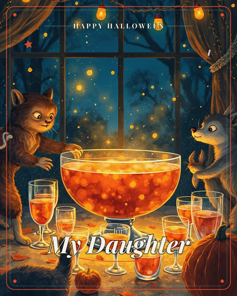 A brown squirrel and a grey wolf pup lean in from either side of a glowing punch bowl brimming with sparkling orange drink, surrounded by filled…, a halloween e-card design