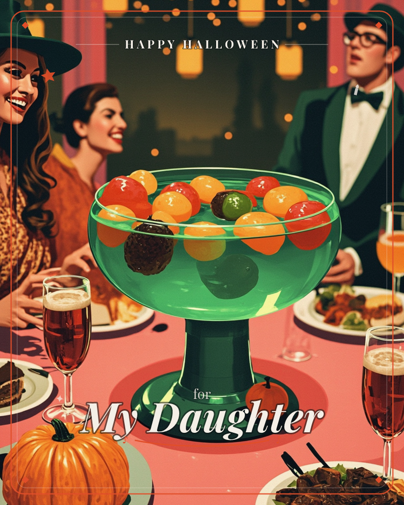 A festive dinner table glows under strings of hanging lanterns, centred on a tall green glass bowl piled with round fruit in red, orange and near-black, a halloween e-card design