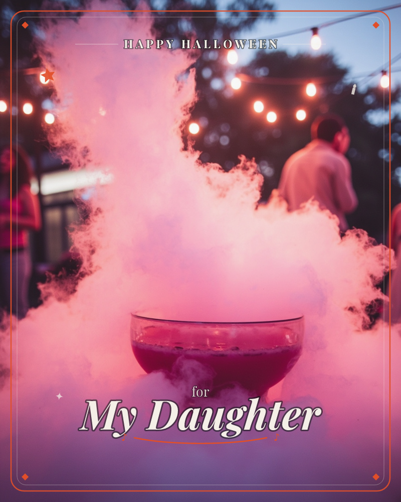 A glass bowl of deep red punch billows with pink-lit dry-ice fog, glowing against a dusky outdoor party scene, a halloween e-card design