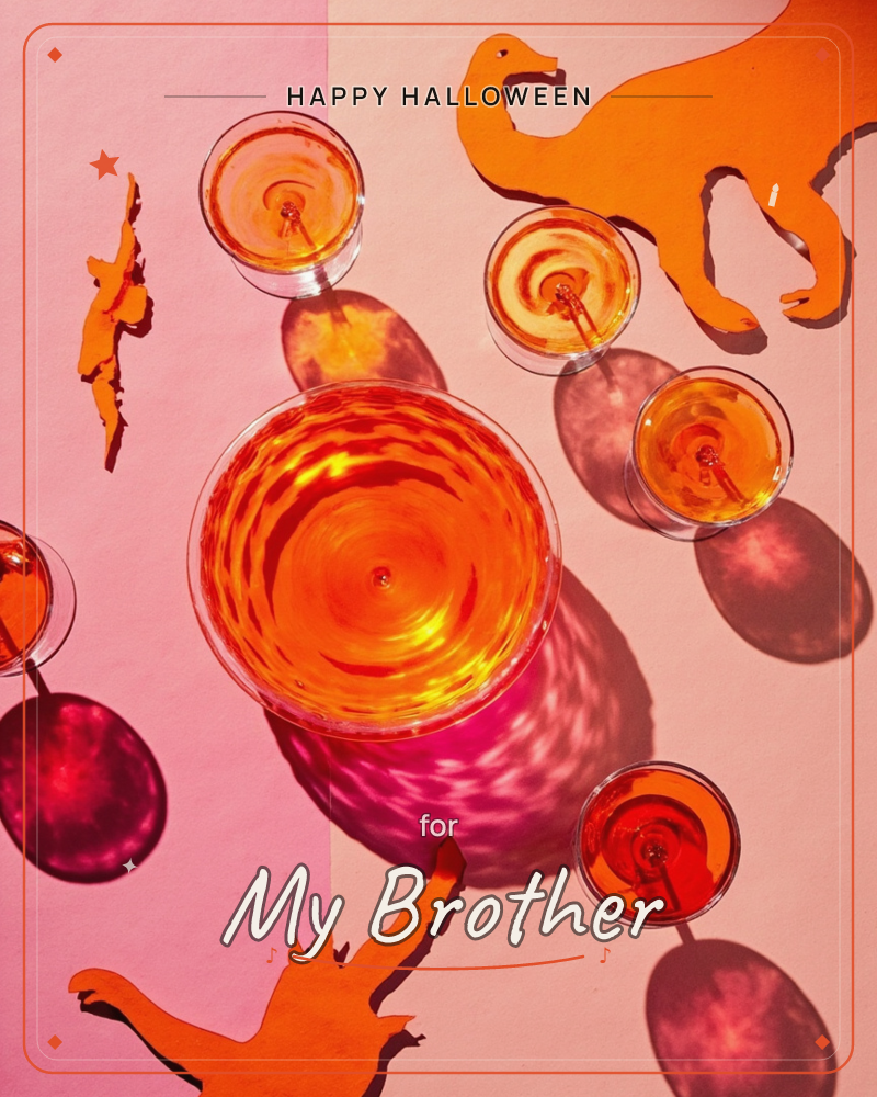 A playful flat-lay shows glasses of orange and rosé wine viewed from above, their swirling reflections caught in bright light against a two-tone pink…, a halloween e-card design