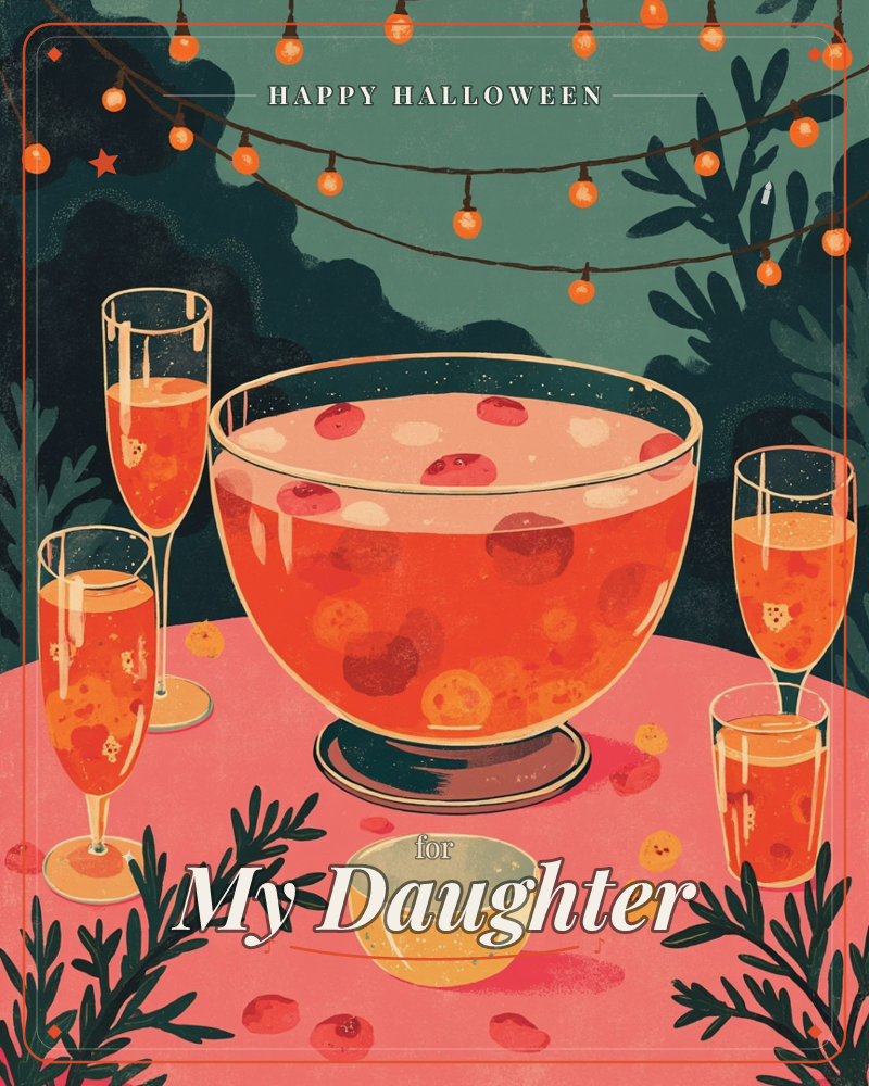 A glowing punch bowl sits centre stage on a coral-pink table, filled with orange-red drink and floating fruit slices, flanked by four full glasses, a halloween e-card design