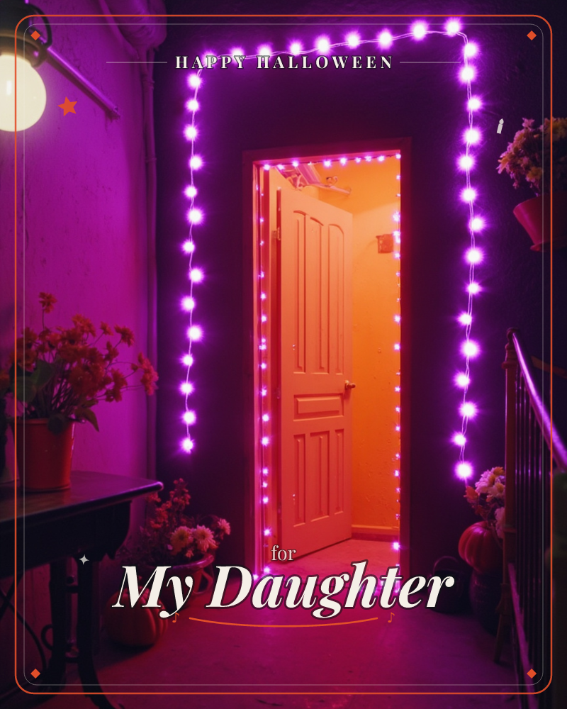 A doorway glows with a string of tiny purple-pink fairy lights outlining its frame, leading into a warmly lit room beyond a half-open white door, a halloween e-card design