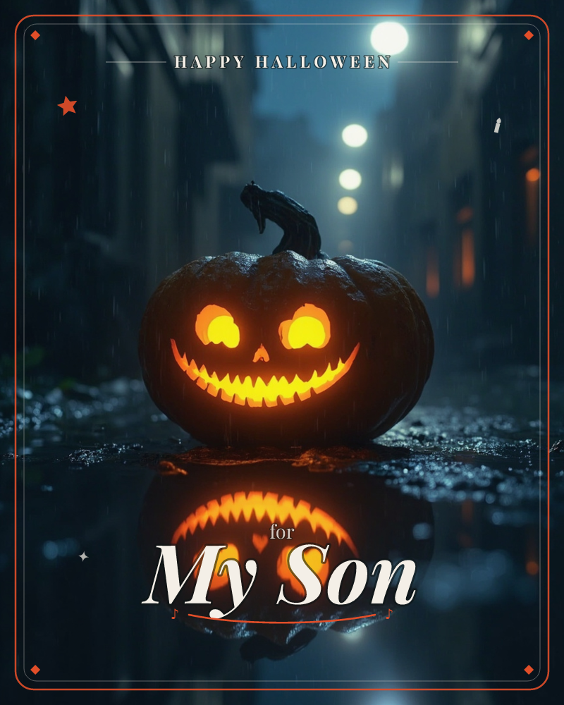 A carved jack-o'-lantern glows on a rain-slicked alley floor at night, its jagged grin and triangle eyes lit bright orange against the dark, a halloween e-card design