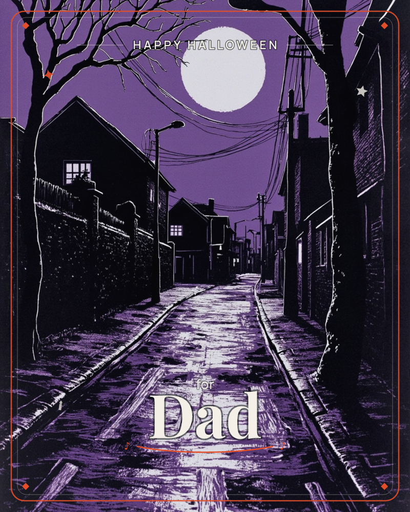 A quiet backstreet is rendered entirely in violet and black, cobblestones gleaming under a full white moon strung about with looping power lines, a halloween e-card design