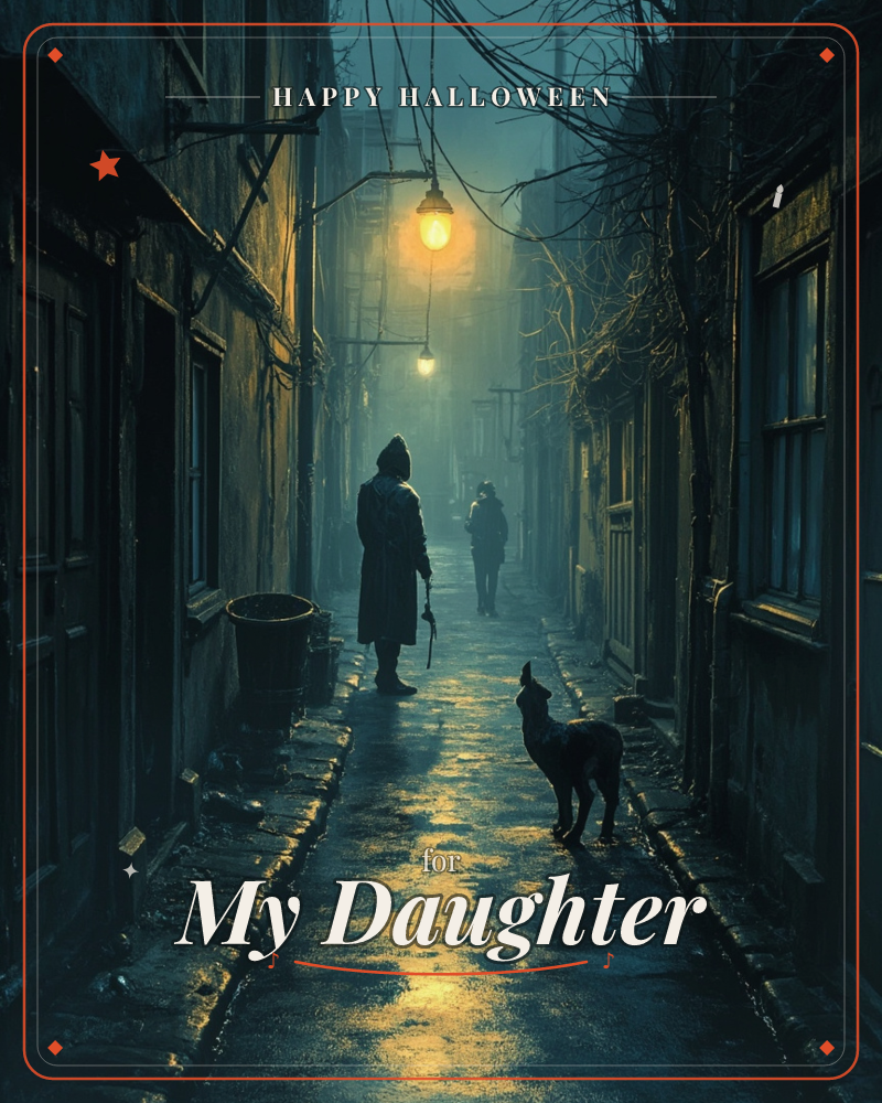 A misty, narrow alley glows under a single hanging lamp, its light pooling on wet cobblestones, a halloween e-card design