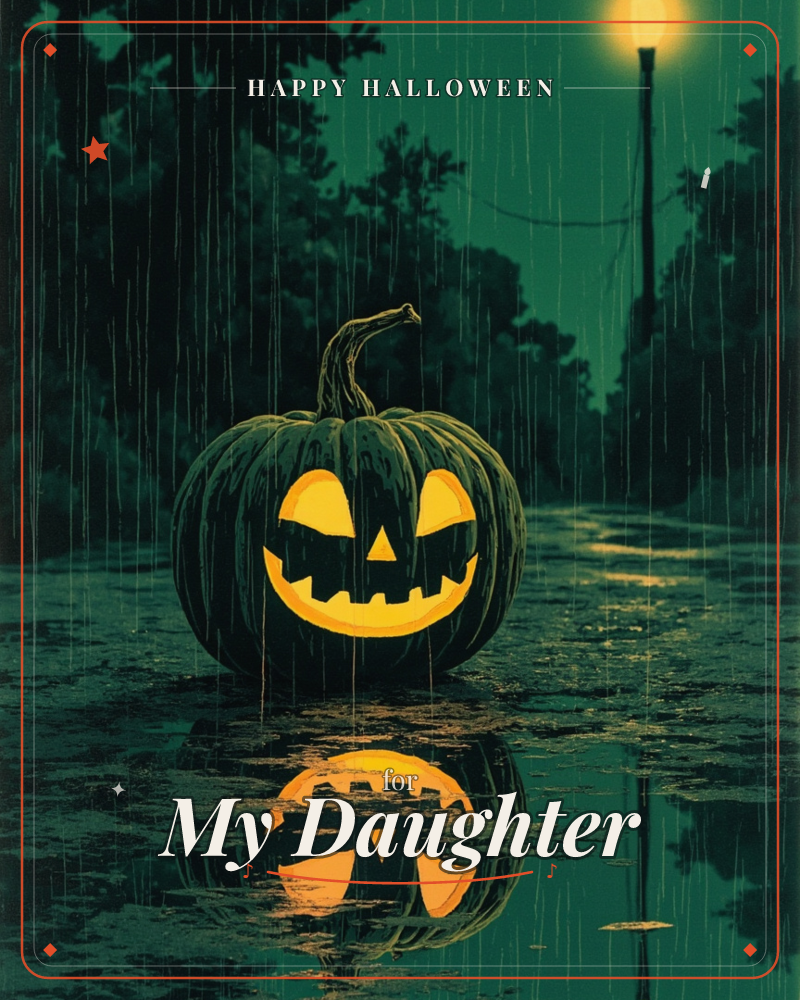 A glowing jack-o'-lantern sits alone on a rain-soaked road at night, its carved grin lit amber against the falling rain, a halloween e-card design