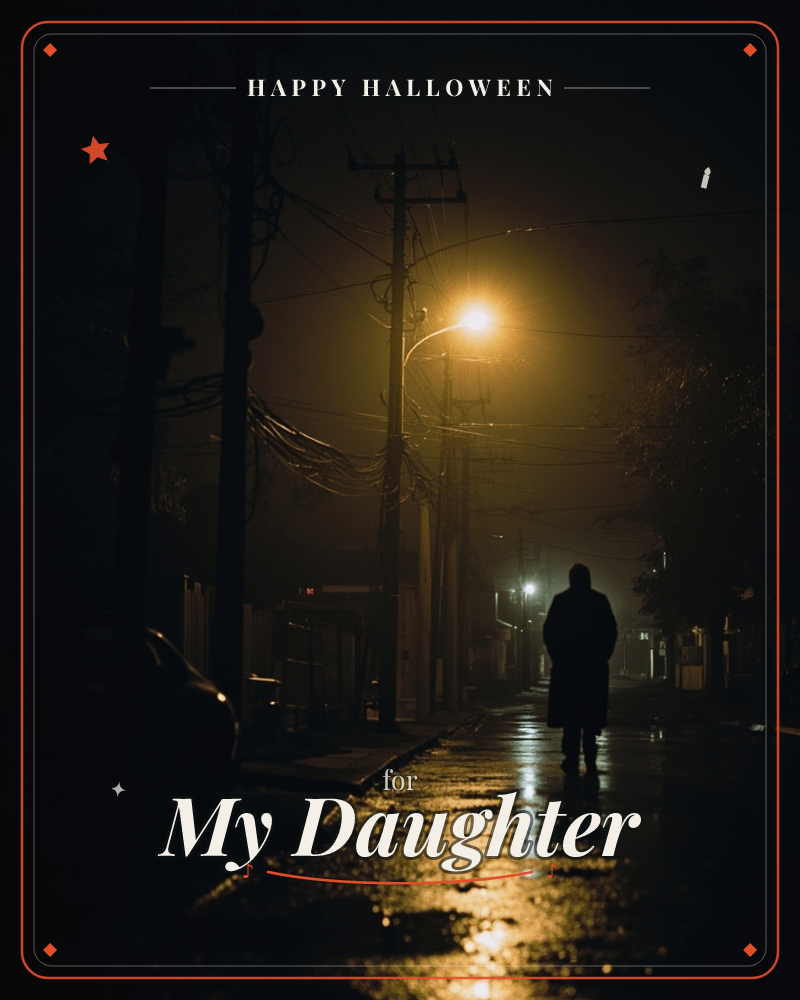 A lone figure walks down a foggy street at night, silhouetted beneath a single glowing streetlamp, a halloween e-card design