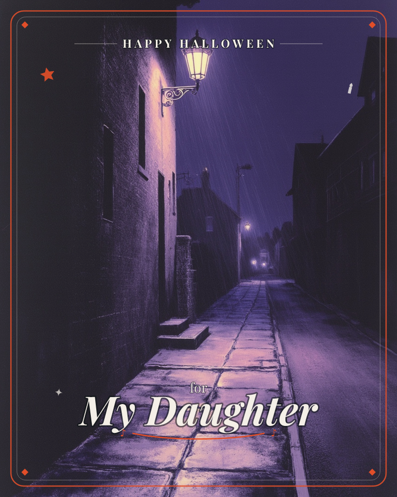 A quiet cobbled lane glows under a single wrought-iron street lamp as rain falls through the purple night, a halloween e-card design