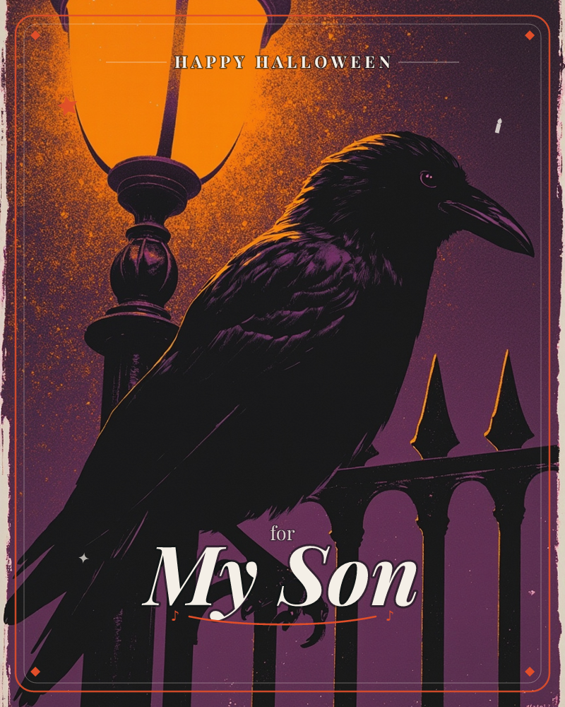 A large black crow perches on a wrought-iron fence, its feathers catching a faint orange glow from a lit street lamp beside it, a halloween e-card design