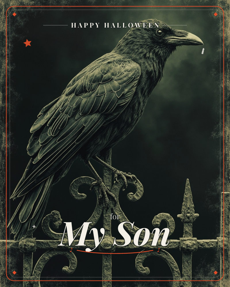 A solitary raven perches on an ornate wrought-iron gate, its feathers rendered in fine detailed strokes against a smoky, shadowed backdrop, a halloween e-card design