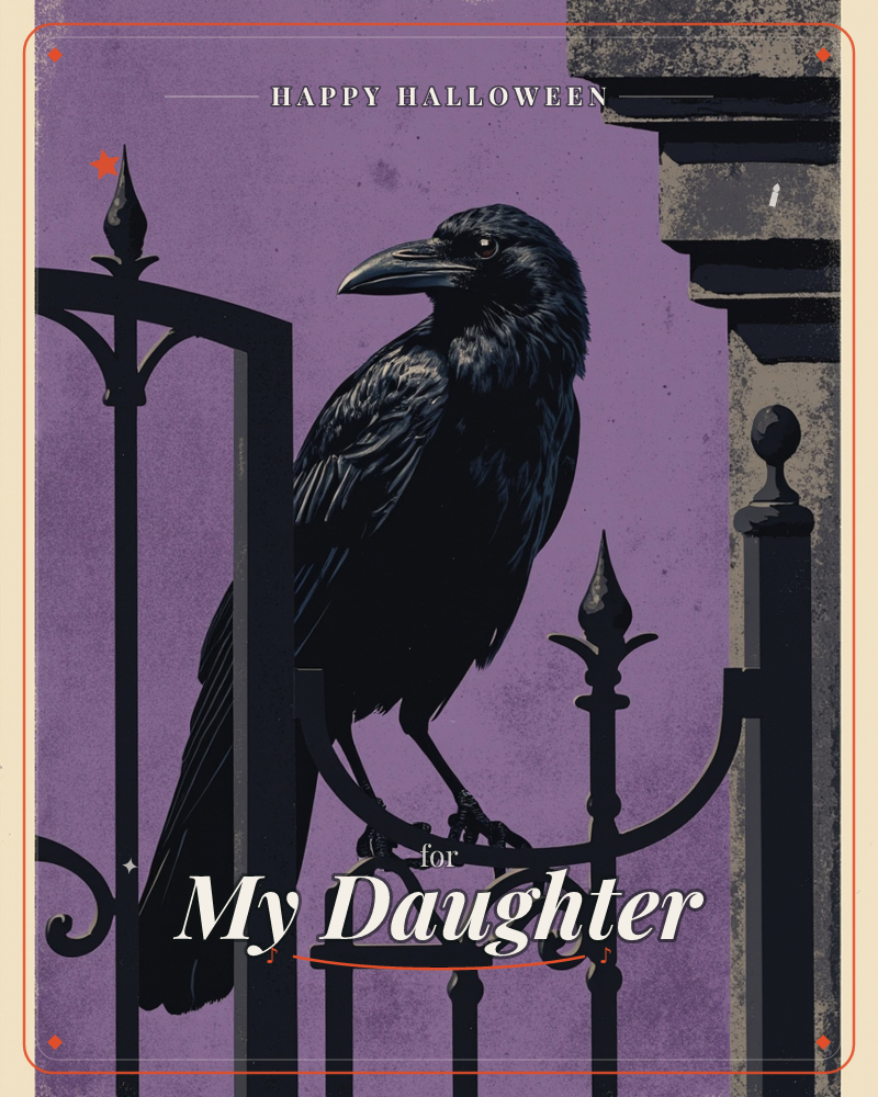A large black raven perches atop an ornate wrought-iron gate, its sharp beak and glossy feathers catching a faint gleam of light against a dusky purple…, a halloween e-card design