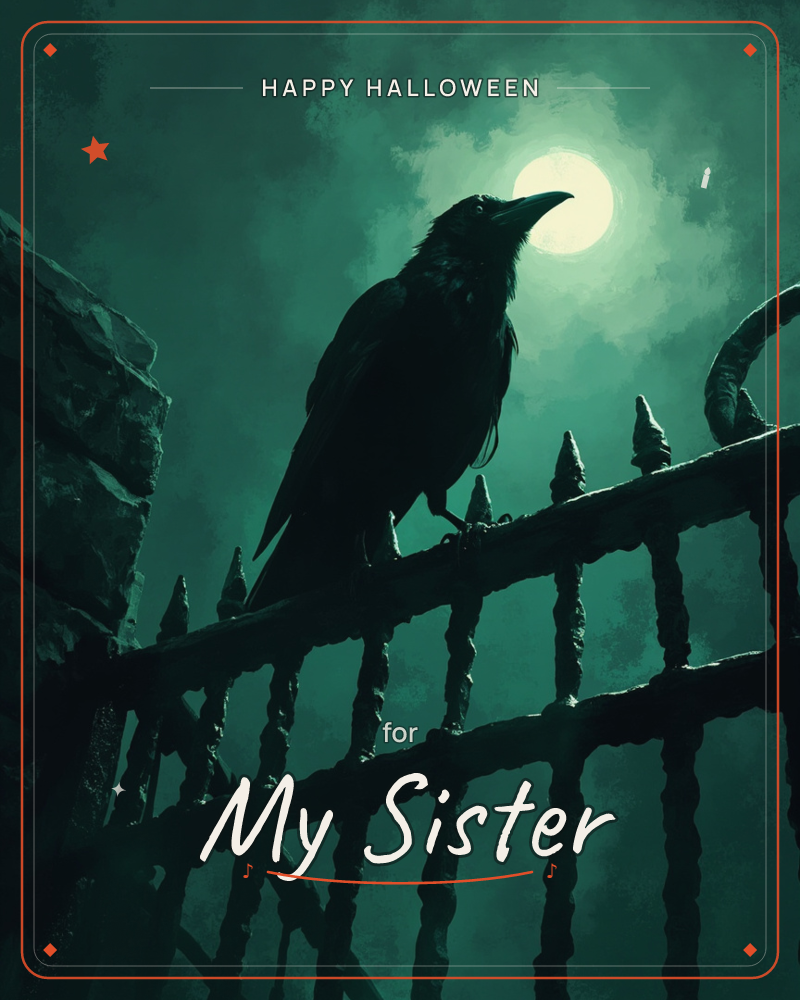 A black raven perches silhouetted atop a wrought iron gate, its sharp beak and ruffled feathers outlined against a glowing full moon, a halloween e-card design