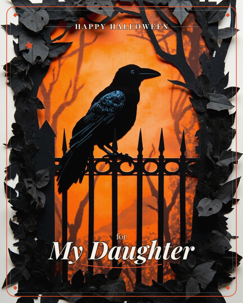 A layered paper-cut crow perches on a wrought-iron fence, silhouetted against a glowing orange sky streaked with bare tree branches, a halloween e-card design