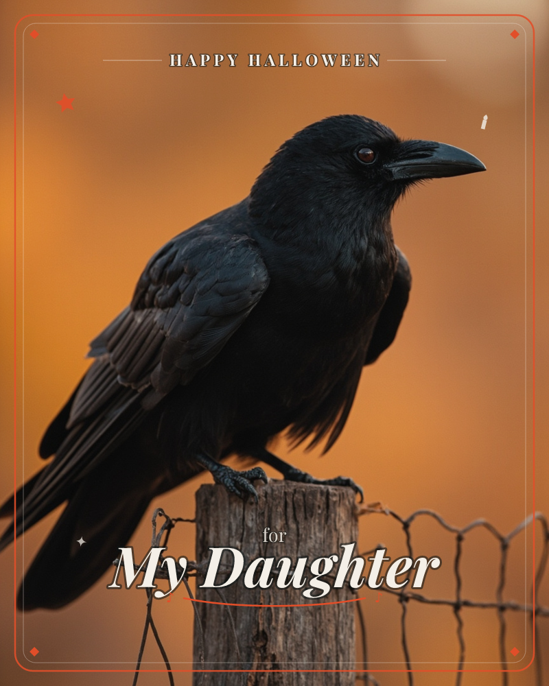 A glossy black crow perches on a weathered wooden fence post strung with rusty wire, its sharp profile caught against a warm blur of amber and orange…, a halloween e-card design