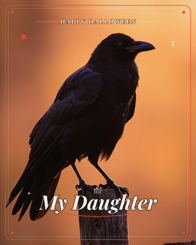 A crow perches atop a weathered wooden post, its glossy black feathers catching faint blue-grey highlights against a glowing orange and gold sunset…, a halloween e-card design