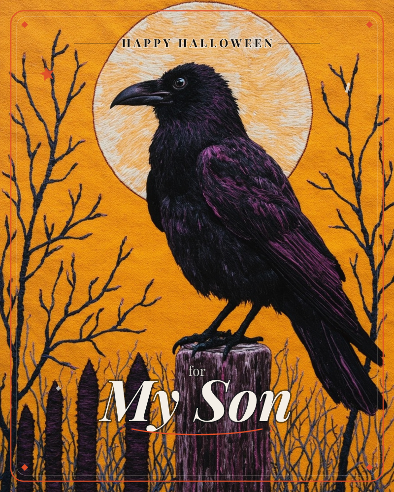 A large black raven with glints of deep purple in its feathers perches on a weathered wooden fence post, framed by a full moon glowing against a…, a halloween e-card design