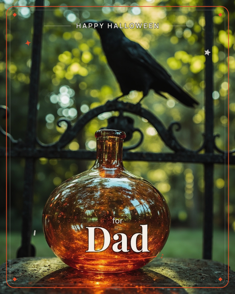 A round amber glass bottle glows on a stone ledge, backlit by dappled sunlight, while a black crow perches silently on the scrollwork of an iron gate…, a halloween e-card design