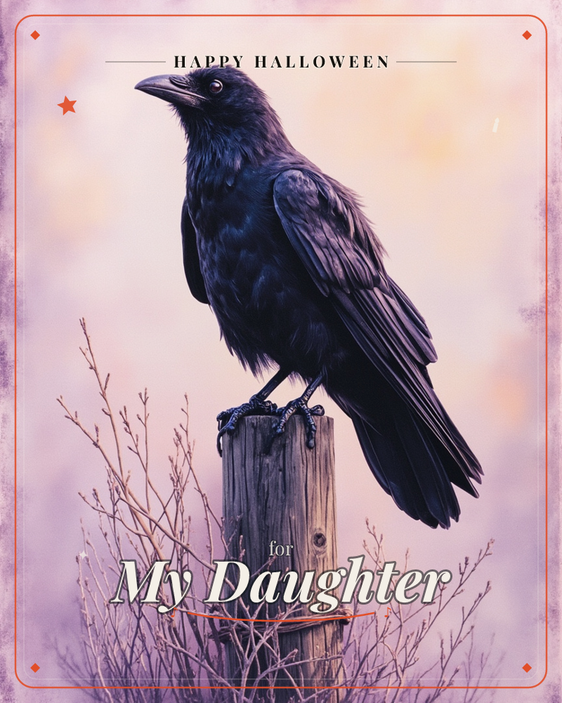 A glossy black raven perches on a weathered wooden post, its feathers catching hints of blue and purple sheen against a soft, hazy sky of lavender and…, a halloween e-card design